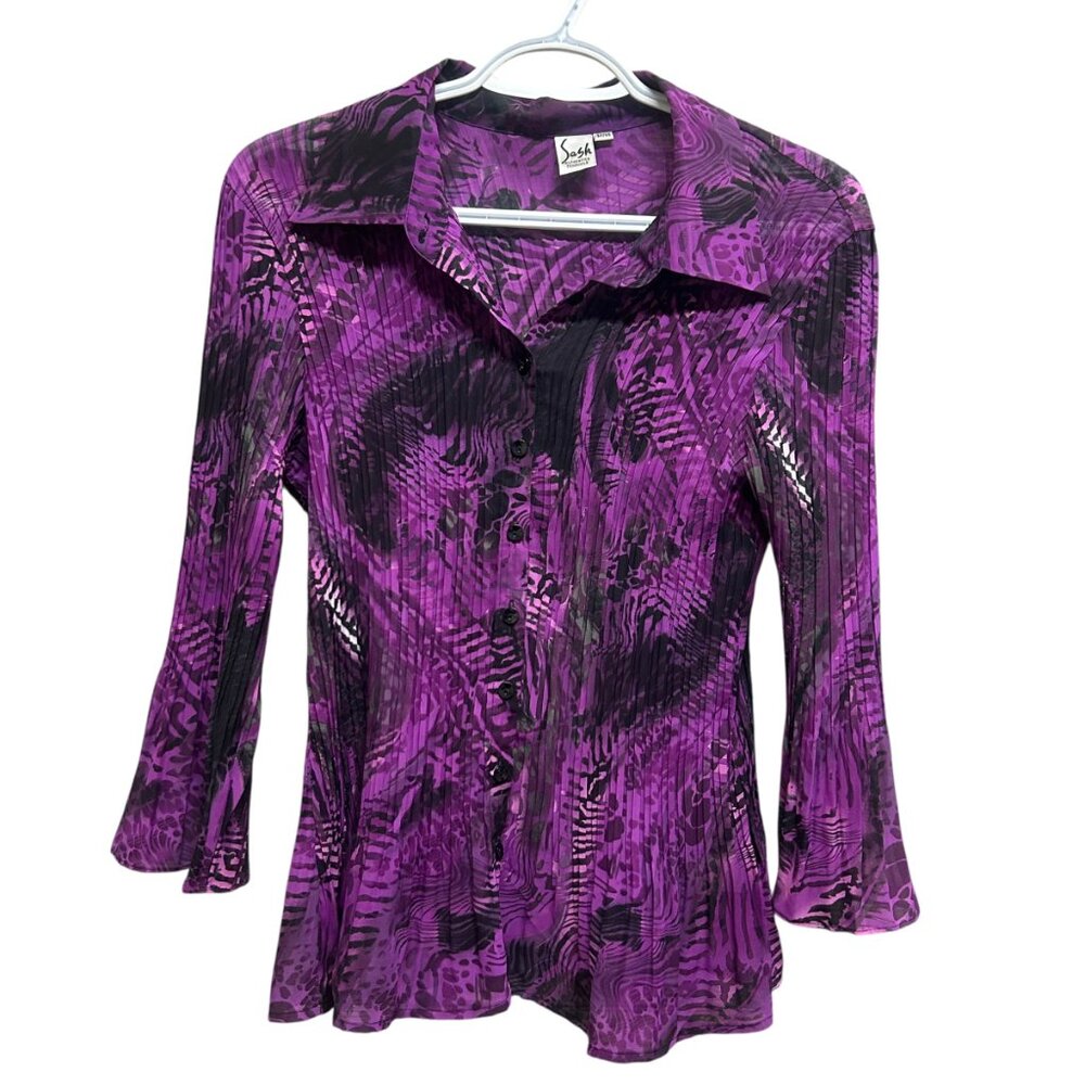 Vintage Sash Purple & Black Y2K Pleated Button-Up Blouse - Size M
